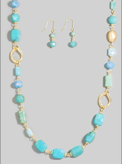 Aqua Blue Stones & Gold Glass Beads Long Necklace w/Aqua Bead Fishhook Earring Set