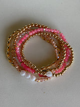 Hot & Light Pink w/Gold & Pearl Beaded Set of 5 Stretch Bracelets