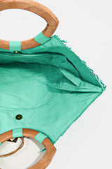 Baja Turquoise Raffia Beach Bag w/Wood Round Handle, Snap Closure & Pocket