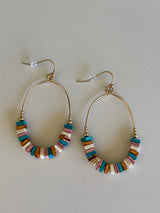 Turquoise & Natural Square Wood Beads & Gold Oval Fishhook Earrings