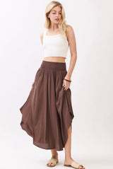 Chocolate Flowy Midi Skirt w/Pockets and Smocked Waistband