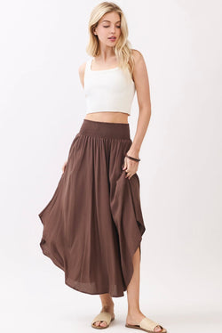 Chocolate Flowy Midi Skirt w/Pockets and Smocked Waistband