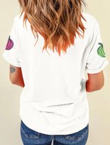 Pumpkin Patch White Cuff Tee w/Sequins Colorful Pumpkins