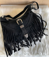 Black Fringe & Antique Silver Buckle Shoulder Purse