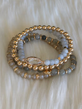 Gray & Gold W/Rhinestone Set of 4 Stretch Beaded Bracelets