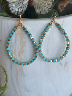 Turquoise & Gold Square Beads Teardrop Earrings