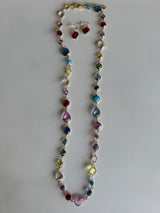 Colorful Glass Stones & Gold Long Chain Necklace w/Ruby Red Glass Stone Earring Set
