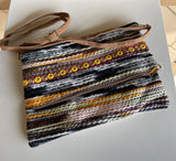 Boho Multi-Color Yarn Fold Over Purse w/Snap Closure & Zipper and Brown Strap