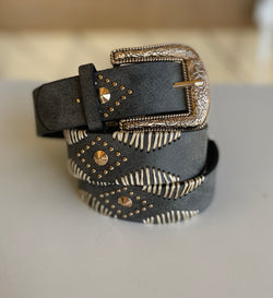 Shania Black & Gold Studded Belt w/Floral Design Gold Buckle