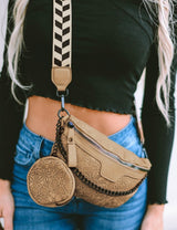 London Khaki Shoulder Bag & Coin Purse w/Tan & Black Guitar Strap and Chain