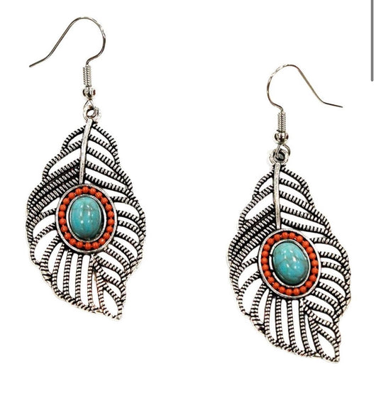 Silver Feather w/Turquoise Stone Fishhook Earrings