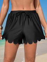 Black Scallop Trim Beach Shorts w/Drawstring & Built in Swim Bottoms