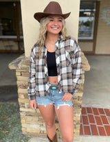American Cowboy Brown, Blue & Cream Flannel Top