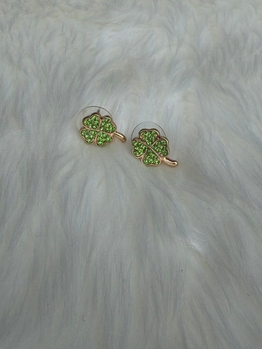 Light Green Rhinestone & Gold Clover Post Earrings
