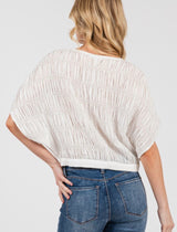 White Textured Bodice Short Sleeve Button Down Top w/Tie