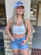 Longer Length Stretch Medium Denim Cut Off Shorts by Just USA