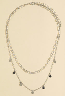Rhodium Dipped Silver Chain Link & Disc Two Layered Necklace