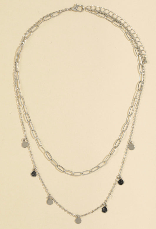 Rhodium Dipped Silver Chain Link & Disc Two Layered Necklace