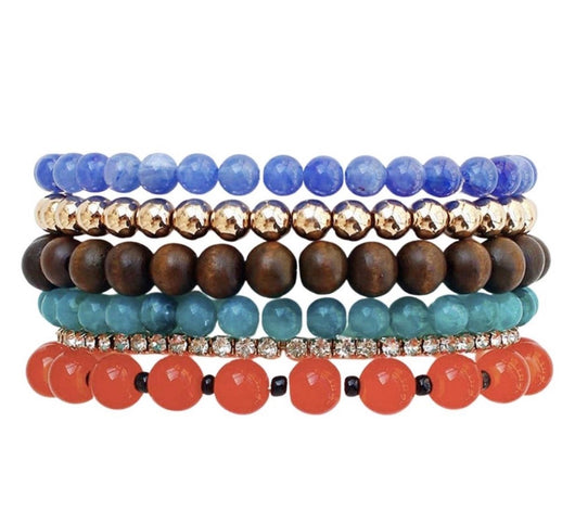 Blue, Red & Gold Set of 6 Beaded Stretch Bracelets