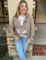 Buttery Suede Feel Taupe Moto Jacket w/Zippers & Pockets