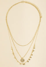 Gold Chain Link & Disc Three Layer Necklace