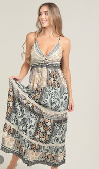 Madeira Mint & Natural Print V-Neck Tank Maxi Dress by Angie