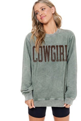 COWGIRL Olive Mineral Washed Graphic Sweater