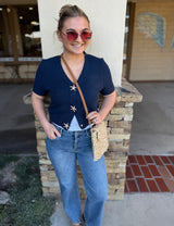 Navy Short Sleeve Knit Sweater Top w/Gold Starfish Snap Buttons