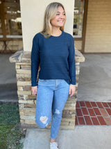 Teal Boyfriend Fit Sweater w/Waffle Texture and Ribbed Cuff