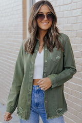 Army Green Distressed Denim Shacket w/Snap Button Closure & Front Pocket