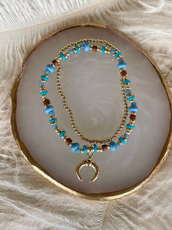 Turquoise & Gold Crescent Horn Charm Set of 2 Stretch Beaded Bracelets