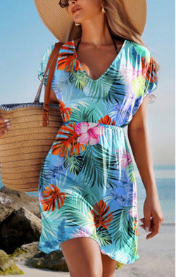 Tropical Beach Sheer Cover Up Dress w/Elastic Waist