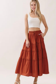 Terracotta Ruffle Tiered Elastic Tie Waistband Midi Skirt w/Pockets