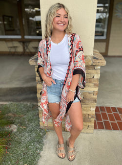 Pink & Black Boho Flower Print OS Kimono Top