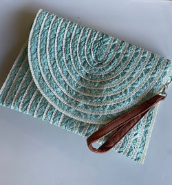 Teal & Ivory Natural Straw Crossbody/Wristlet Purse