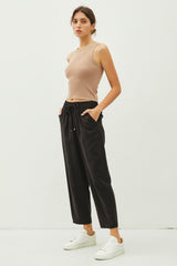 Everyday Black Slightly Crop Straight Leg Pant w/Pockets & Drawstring Elastic Waist