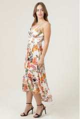 Tropical Print Ivory Hi-Low Midi Tank Dress w/Smocking & Adjustable Straps