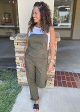Olive Green Pant Overall w/Front Pocket, Side Pockets & Button Side Closure