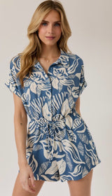 Denim & Ivory Tropical Leaf Print Short Sleeve Button Down Romper w/Pockets