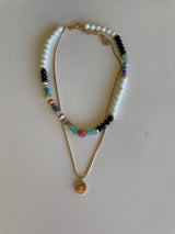Black & Colorful Beads Layered Gold Coin Chain Necklace