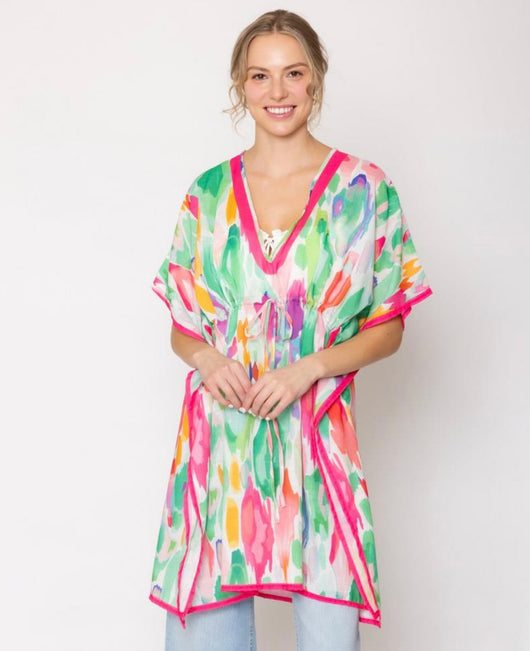 Watercolor OS Vibrant Kimono/Cover Up w/Tie Waist