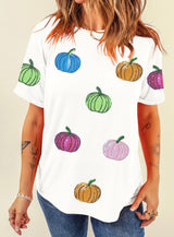Pumpkin Patch White Cuff Tee w/Sequins Colorful Pumpkins