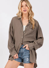 Mocha Oversized Button Down Long Sleeve Top