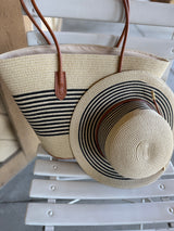 Beach Bella Natural & Black Stripe Tote Bag w/Matching SunHat Set