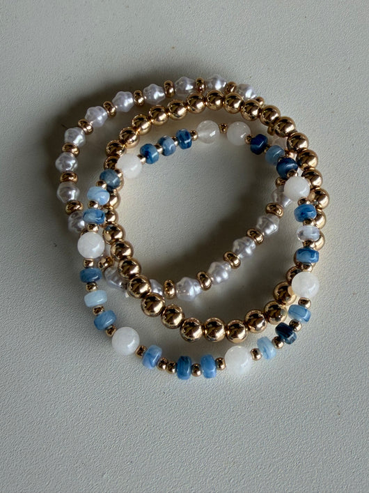Blue, Gold & Pearl Set of 3 Stretch Beaded Bracelets
