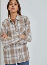 Taupe & Ivory Plaid Soft Boyfriend Flannel w/Front Open Pocket