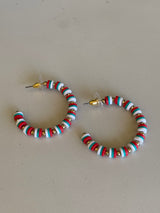 Red, White & Turquoise Heishi Beaded Open Hoop Earrings