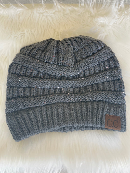 Gray Sparkly CC Brand Knit Messy Bun Beanie