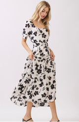Ivory & Black Leaf Print Square Neckline Tiered Midi Dress w/Pockets