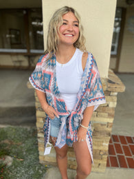 Teal & Coral Aztec Print Sheer OS Kimono Top